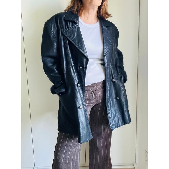 Vintage Lambskin Leather Coat Mens Size Large Black Buttery Soft Double Breasted - Picture 1 of 12